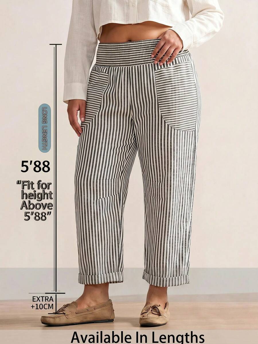 SHEIN Tall CURVE بنطال طويل كاجوال بمقاس كبير مخطط بألوان متباينة مع جيب وخصر مطاطي - أبيض وأسود - مشاهدة 1