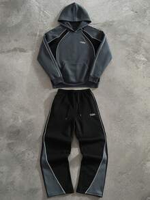 PAVTROS Men's Colorblock Patchwork Hoodie & Sweatpants Set - Dark Grey - View 6