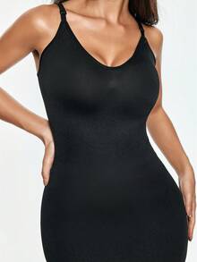 SHAPORA Plus Size Women's Solid Color Casual Daily Wear Bodycon Spaghetti Strap Dress - Black - View 6