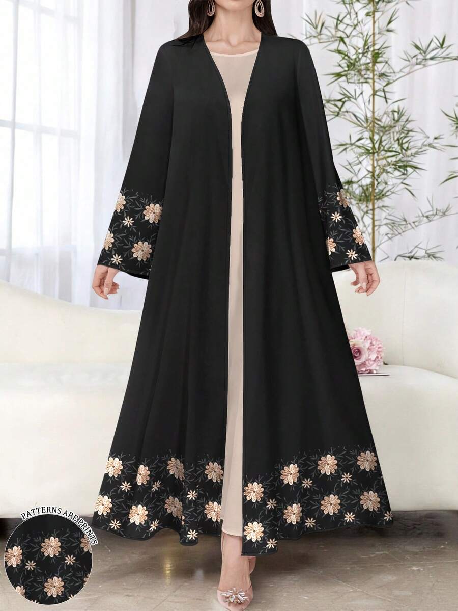 SHEIN Najma 女式白色仿刺绣花卉印花长袖休闲阿拉伯长袍,春秋季 - 彩色 - 查看 1