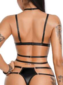 AltBold European And American Style Hot Girl Matte Patent Leather Cool Rivet Lace-Up Comfortable Non-Wired 3-Piece Women's Lingerie Set - Black - View 2