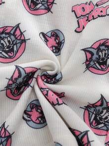 TOM & JERRY X SHEIN Women's Cartoon Print Button Casual Flat Shorts - Beige - View 7
