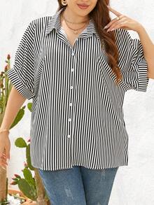 Shapeblank Camisa de manga de murciélago con estampado de rayas en talla grande, verano - Blanco y Negro - Ver 4