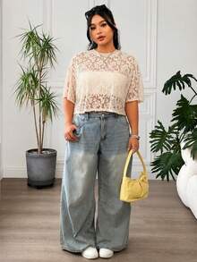SHEIN EZwear 大尺碼女款法式浪漫風蕾絲透視T恤 - 白色 - 查看 5