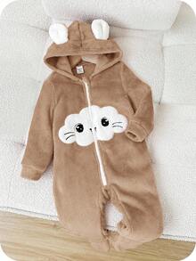 SHEIN Baby Girl Cute Cartoon Cloud Pattern Applique Embroidery Hooded Zipper Front Flannel Romper, Suitable For Autumn And Winter - Camel - View 8