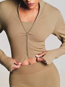 11SKNDS Ribbed Seamless Zip-Up Crop Jacket Long Sleeve Mock Neck Body-Enhancing Fitted Activewear Top - Mocha Brown - View 3
