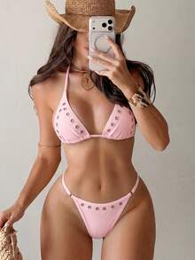 Swim SXY Springbreak 女款夏季鉚釘性感派對音樂節休閒極簡度假海灘鏤空繫帶掛脖比基尼泳衣套裝 2件組，適合度假海灘出遊 - 粉色 - 查看 3