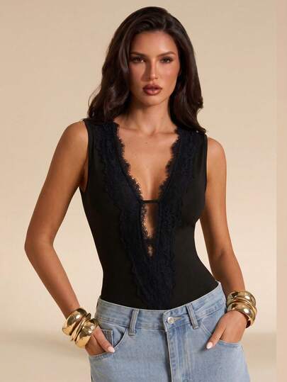 Bluhae Damen-Bodysuit, Spitzen-Bodysuit, sexy V-Ausschnitt-Bodysuit, Luxus-Bodysuit