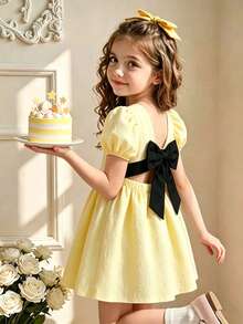 Elladie kids Elladie 女童优雅甜美泡泡袖连衣裙，黄色提花面料，柔软舒适，后背蝴蝶结装饰可拆卸，适合休闲、时尚、旅行、日常穿着、运动、上学、聚会、生日礼物、度假风、夏季装扮、毕业礼服等场合，优雅百搭。 - 黃色 - 查看 4