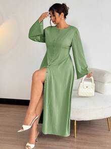 Firerie Vestido para mujer de talla grande, primavera/otoño, nuevo, minimalista, elegante, casual para ir a la oficina, viajes y vacaciones, con manga larga, botones delanteros, bajo acampanado pequeño, cintura ceñida, corte A, estilo vintage, romántico, bohemio y profesional - Verde - Ver 4