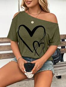 SHEIN Clasi Plus Size Heart Print Asymmetric Neckline T-Shirt Trail Ride Office Olive Green Summer Elegant Business Casual - Army Green - View 9