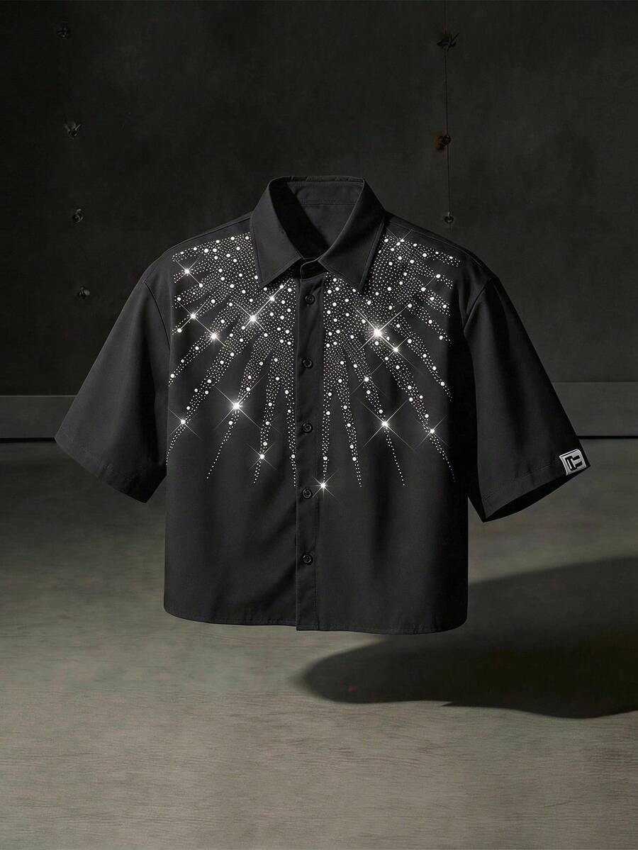 NEON BLANC Camisa casual de manga corta con pedrería y abotonadura sencilla para hombre - Negro - Ver 1
