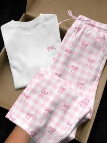 Veykashi 女款休閒居家服套裝，圓領短袖上衣搭配粉色印花長褲，蝴蝶圖案，女款休閒套裝，夏季大尺碼兩件式穿搭 - 彩色 - 查看 5