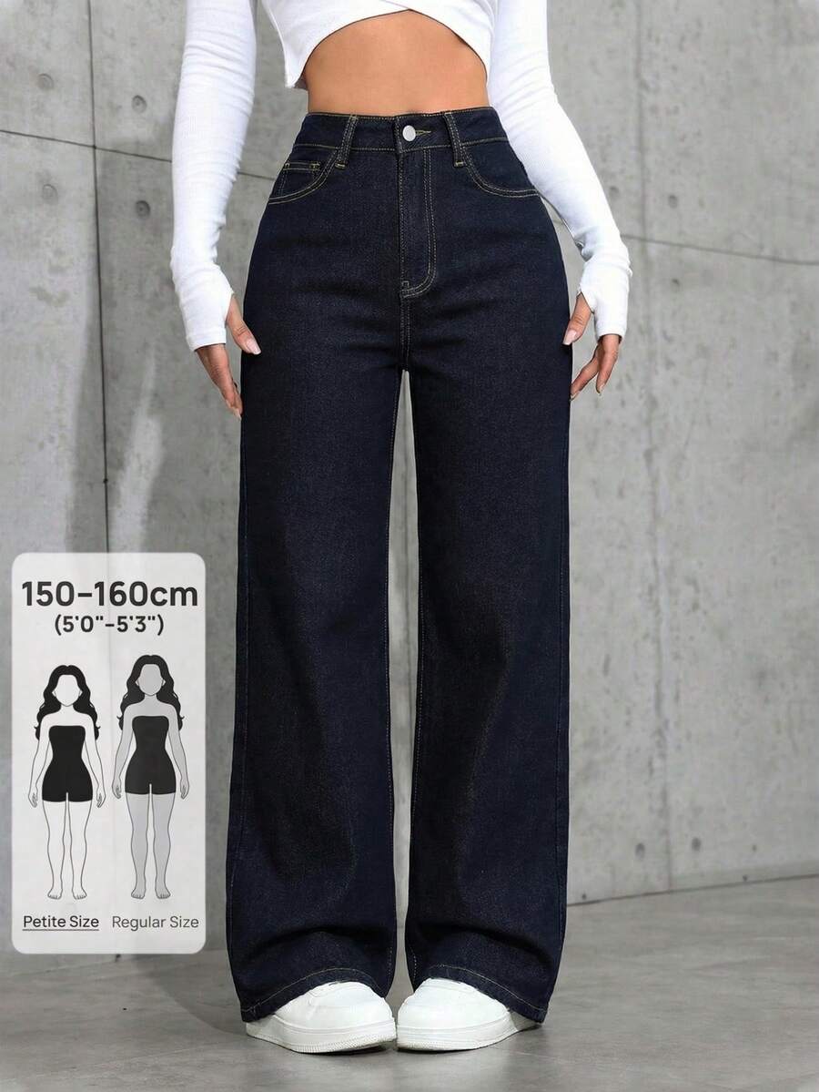 SHEIN PETITE 女款休閒百搭日常牛仔褲,附口袋與鈕扣設計 - 深色水洗藍 - 查看 1