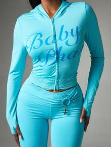 BABYPHAT 拉鍊短版連帽外套，蕾絲飾邊細節與長袖休閒 Logo 上衣 - 藍色 - 查看 2