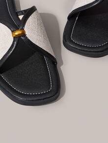 Styleloop Sandalias de punta cuadrada con combinación de colores retro para mujer, de lino, transpirables, estilo holgado, pantuflas de arrastre para vacaciones en verano - Negro - Ver 3