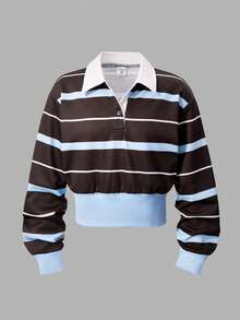 Tween Girls Polo Collar Deep Red Blue Stripe Patchwork Long Sleeve Short Sweatshirt Warm, 1pc Only Autumn Fall - Multicolor - View 3