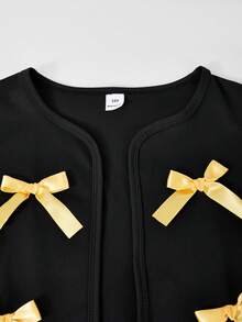 SHEIN 女童兩件套：針織純色優雅開襟衫搭配梭織數位花卉印花洋裝，3D蝴蝶結裝飾，適合春秋日常休閒與度假穿著 - 彩色 - 查看 6