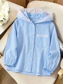 SHEIN 女童休閒時尚花卉刺繡荷葉邊條紋連帽長袖襯衫，附口袋 - 藍色 - 查看 4