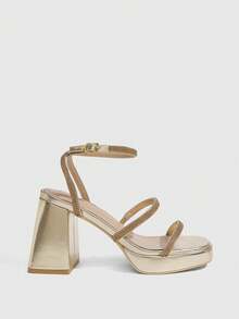 CUCCOO SZL Womens Gold Rhinestone Ankle Strap Chunky Heeled Platform Sandals - Gold - View 2
