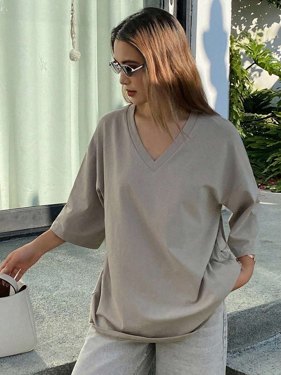 Livesso Women's Loose Business Casual Solid Color Minimalist Short Sleeve T-Shirt For Office Wear, Spring/Summer - Grey - View 1