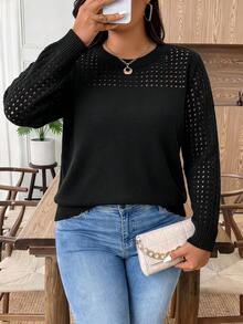 SHEIN Plus Size Elegant Hollow Out Round Neck Long Sleeve Pullover Sweater Winter - Black - View 4