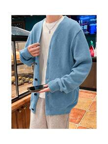 Manfinity Hypemode Men's Casual Versatile Solid Color Cardigan, Autumn/Winter - Baby Blue - View 3