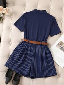 GlowEve CURVE Plus Size Women's Woven Regular Fit Summer Elegant Casual Office Formal Navy Blue Short Sleeve Metal Decor Collar T-Shirt And Shorts 2 Pieces Set - Navy Blue - View 2