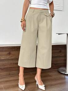 Easowa Women's Solid Color Pleated Design Wide Leg Loose Capri Pants - Khaki - View 1