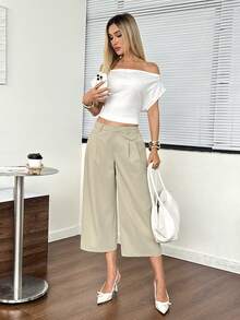 Easowa Women's Solid Color Pleated Design Wide Leg Loose Capri Pants - Khaki - View 5