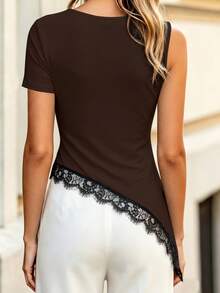 GlowEve Women's Elegant Sexy Lace Asymmetric Neckline 3D Rose Brown Metal Button Embellished Hem Stitching Short Sleeve T-Shirt Dating Night Summer - Brown - View 2