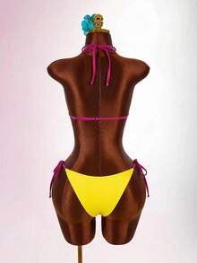 Amplova 女款拼色包邊 3 件套性感前衛 U 領鏤空綁帶上衣與下裝，適合度假海灘派對，亮粉色與螢光黃夏季款 - 彩色 - 查看 6