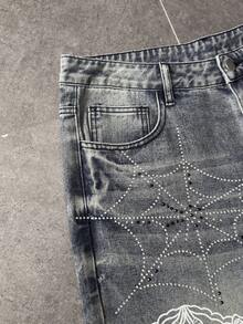 ROMWE MEN Shorts de mezclilla con estampado oscuro y pedrería para hombre - Bronce - Ver 3