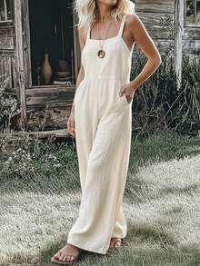 Holdful Holdful Women's White Casual Pure Cotton Suspender Wide Leg Jumpsuit For Daily Commute Wear - Apricot - View 3