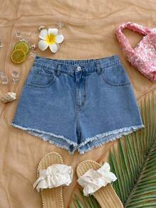 Soleia Plus Size Women's Sun Face Pattern Frayed Hem Casual Denim Shorts Halloween Shorts Back To School Party Shorts Going Out Shorts Vacation Casual Shorts - Medium Wash - View 7