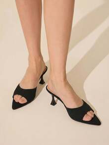 CUCCOO BASICS Ladies Classic Knitted Black Stiletto Kitten Heel Sexy Mueller Slip-On Open Toe Toothed Pointed Breathable Summer Striped Women's Sandals Commuter - Black - View 2