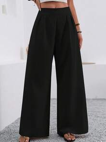 Elenzga Solid Color Loose Wide Leg Elegant Plus Size Long Pants With Pockets, Autumn Fabric Suitable For Women, Plus Size Pants Fall - Black - View 5