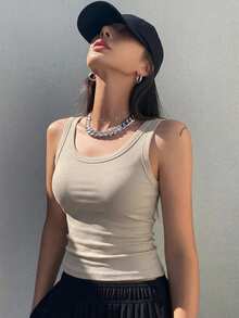 DAZY Women's Solid Color Round Neck Ribbed Casual Versatile Tank Top - Light Grey - View 4