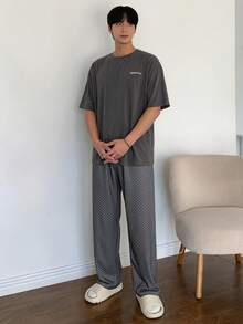 DAZY 男士夏季短袖T恤與波點長褲套裝居家休閒睡衣 - 灰色 - 查看 8