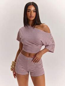 SHEIN BAE 女款休閒優雅單肩T恤與修身迷你短褲兩件套，條紋套裝，街頭風，適合日常通勤、約會、派對、秋冬、夏季、婚禮、海灘、畢業典禮，優雅休閒外出穿搭，Y2K - 彩色 - 查看 8