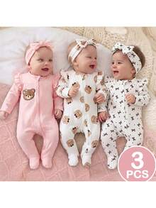 SHEIN Combinaisons à manches longues pour bébé fille nouveau-né avec imprimés ours et nœud mignons, bodies doux et adorables pour nourrisson, ensemble de vêtements unisexe pour bébé avec volants délicats et fermeture éclair complète, vêtements de nuit confortables pour nourrisson, combinaisons zippées en coton rose et blanc pour bébé fille nouveau-né avec graphiques d'ours et pieds, vêtements bébé zippés, vêtements bébé nouveau-né, vêtements bébé nouveau-né unisexe - Rose bonbon - Voir 1