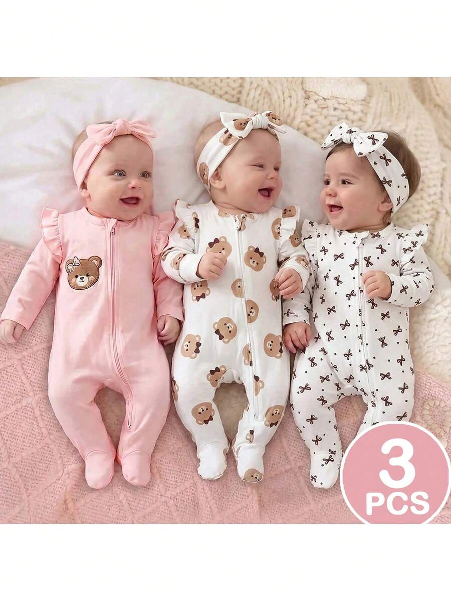 SHEIN Combinaisons à manches longues pour bébé fille nouveau-né avec imprimés ours et nœud mignons, bodies doux et adorables pour nourrisson, ensemble de vêtements unisexe pour bébé avec volants délicats et fermeture éclair complète, vêtements de nuit confortables pour nourrisson, combinaisons zippées en coton rose et blanc pour bébé fille nouveau-né avec graphiques d'ours et pieds, vêtements bébé zippés, vêtements bébé nouveau-né, vêtements bébé nouveau-né unisexe - Rose bonbon - Voir 1