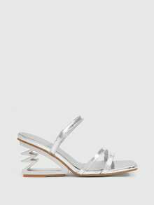 CUCCOO SZL Women's Silver Heeled Sandals With Unique Zigzag Heel And Square Toe Design - Silver - View 2