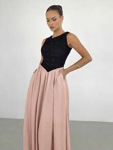 Siren Gaze Vestido Maxi Elegante y Casual de Verano para Mujeres, Vestido Largo Fluido sin Mangas con Cuello Redondo y Top Fruncido, Atuendos para Vacaciones en la Playa y Graduación, Vestidos de Verano Bicolor para Mujeres, Vestidos de Verano para Mujeres, Vestidos Casuales para Mujeres, Ropa de Verano, Atuendos de Verano para Mujeres - Rosa - Ver 7