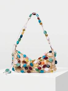 MOTF LADIES FASHION COLORED STONE + BEIGE STRAW BAG, EXQUISITE VACATION DESIGN SHOULDER BAG, SUITABLE FOR DAILY, PARTY, PARTY, VACATION, BEACH, SEASIDE - Beige - View 3