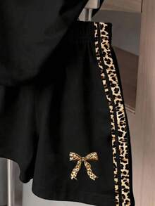 Tween女孩春夏休閒時尚舒適極簡Y2K風格豹紋條紋蝴蝶結印花短袖T恤與寬鬆短褲兩件套，適合派對、休閒、度假、戶外與街頭穿搭 - 彩色 - 查看 3