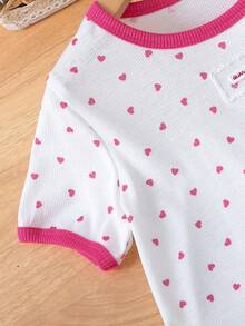 SHEIN 2pcs/Set Girls Toddler Lace Embroidery Patch Heart Pattern Print Colorblock Short Sleeve T-Shirt And Casual Ruffle Hem Pocket Straight Leg Denim Jeans Outfit, Summer - White - View 3