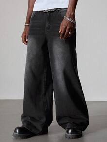 ROMWE MEN Jeans de corte holgado con patrón bordado para hombre - Negro - Ver 5