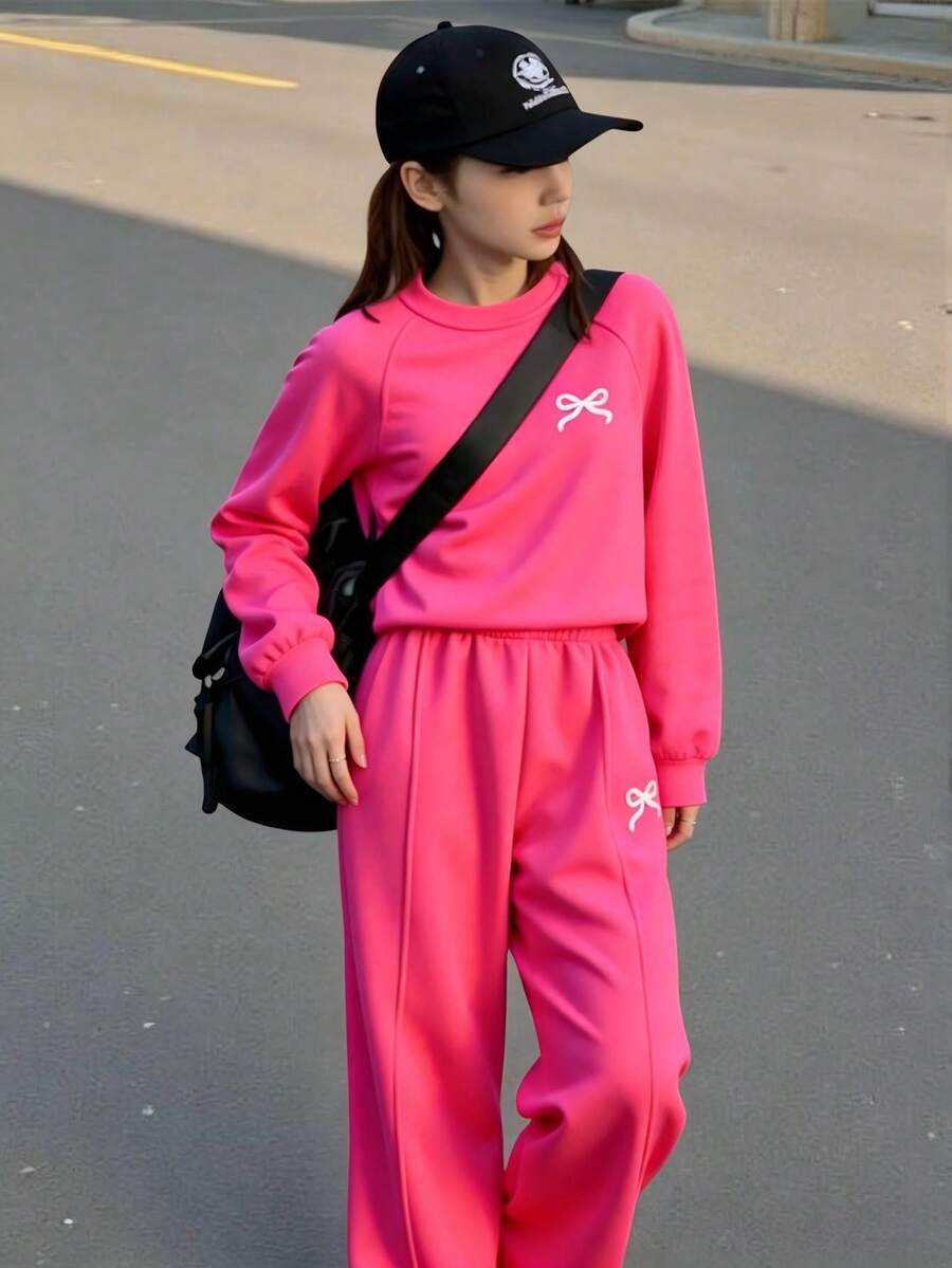 女童新款時尚灰色圓領長袖上衣搭配寬腿褲與蝴蝶結裝飾 2 件套,秋冬款 - 西瓜粉 - 查看 1