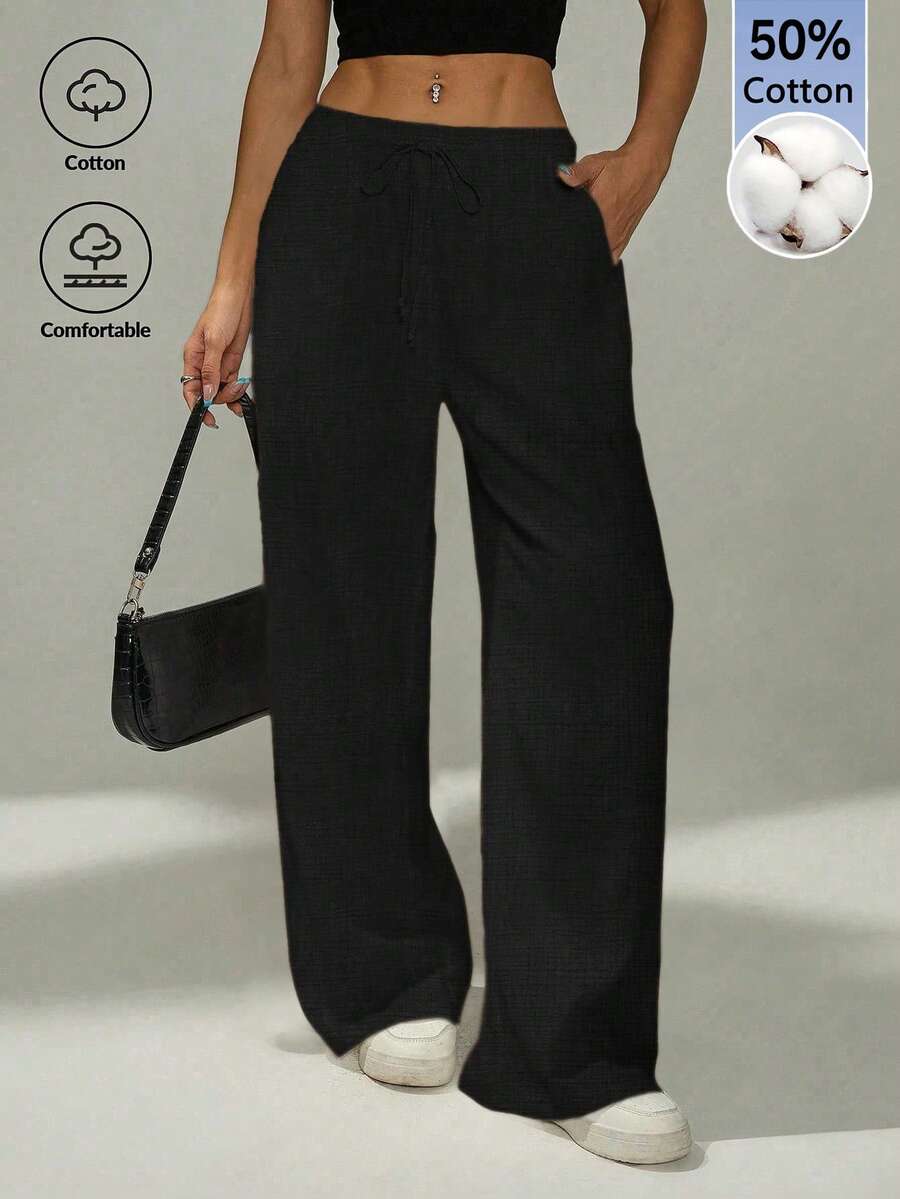 SHEIN PETITE 女款素色百褶休閒百搭日常旅行長褲,適合嬌小女性 - 黑色 - 查看 1